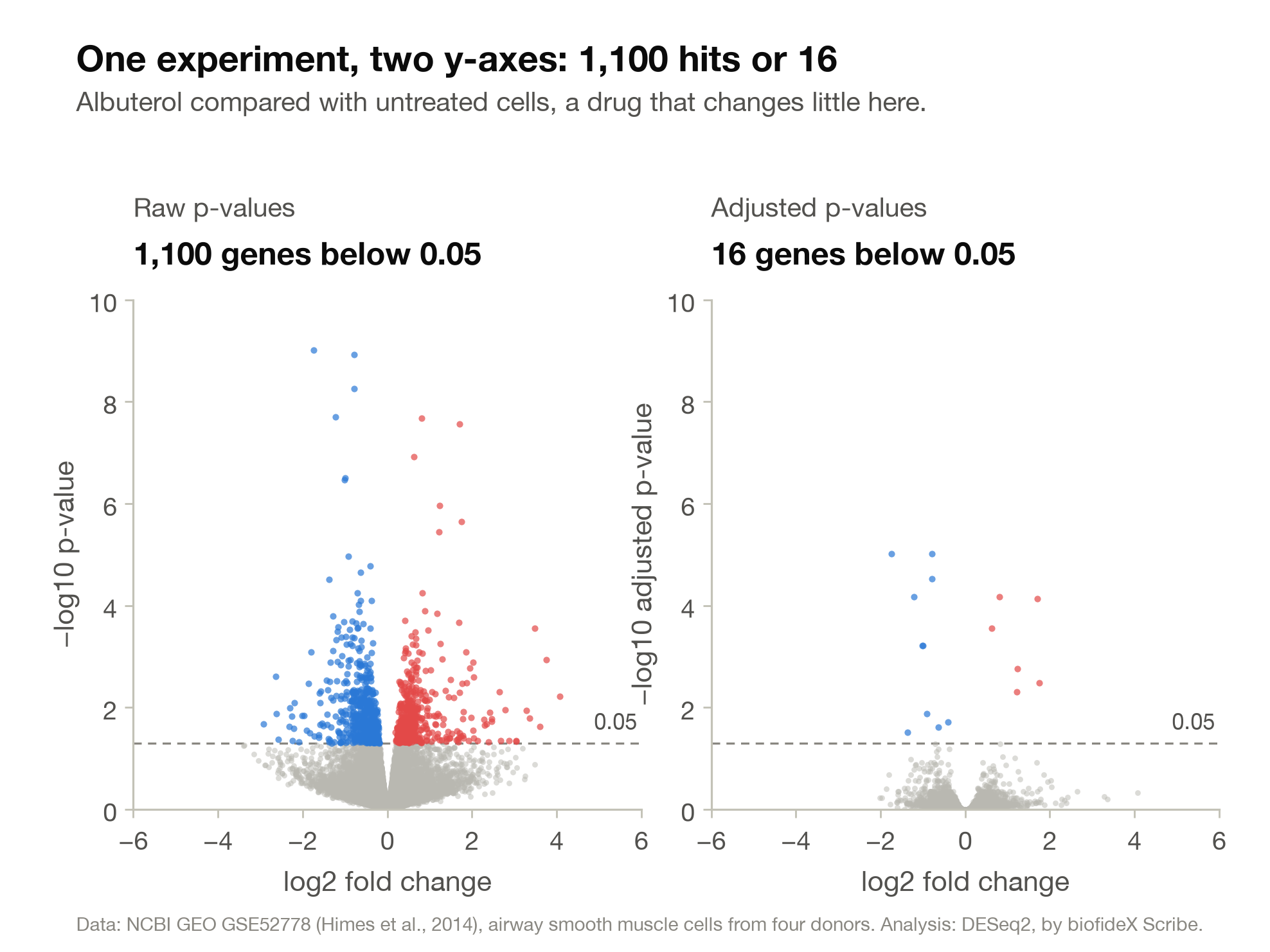 Two volcano plots of the same albuterol data side by side. On the left, with raw p-values, a broad band of 1,100 coloured dots rises above the 0.05 line. On the right, with adjusted p-values, only 16 coloured dots remain above the line.