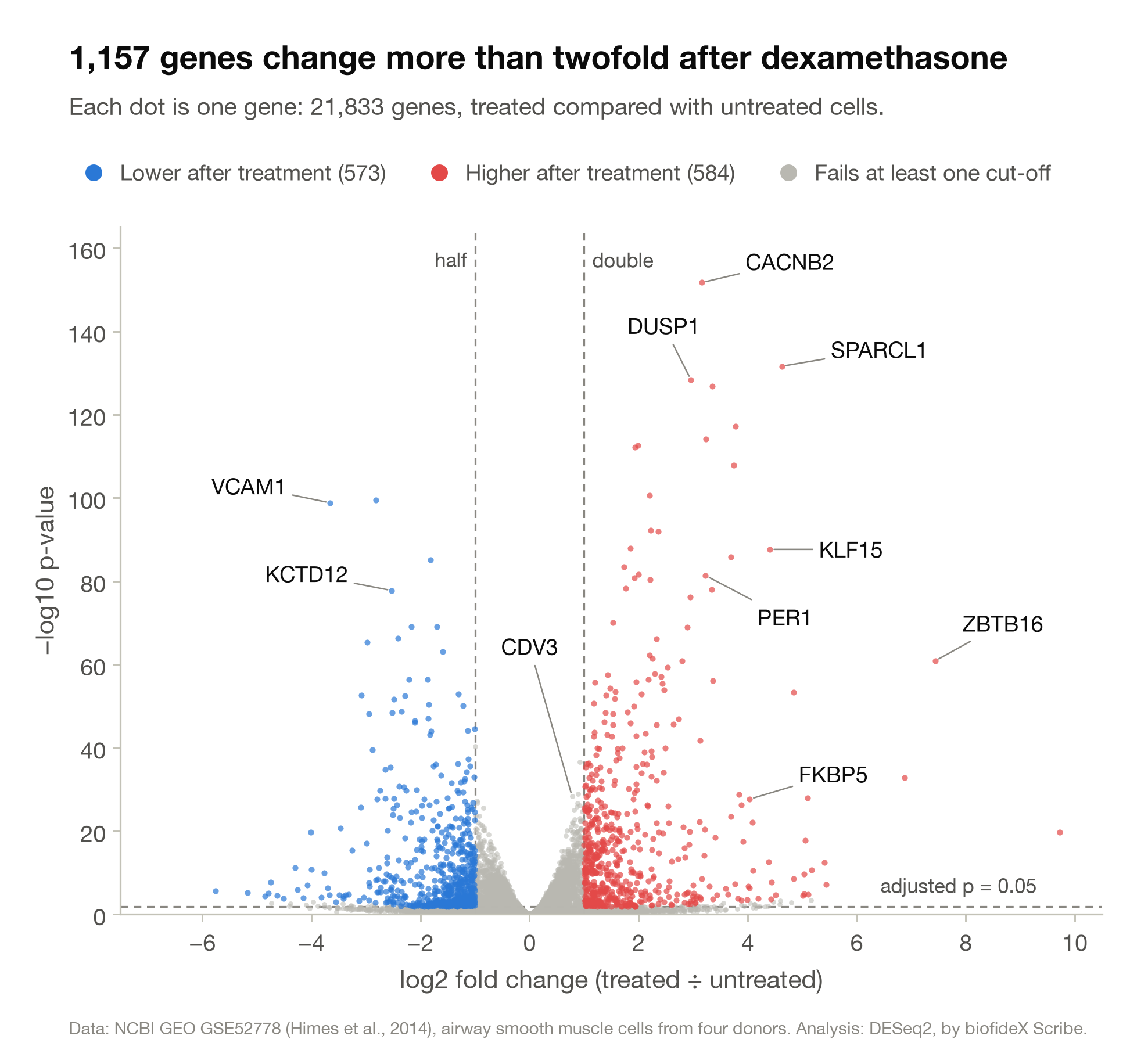 Scatter plot shaped like an erupting volcano. Grey dots pile up at the bottom centre. A blue plume of 573 genes rises on the left and a red plume of 584 genes on the right. Labelled genes include CACNB2, SPARCL1, DUSP1, KLF15, PER1, ZBTB16, FKBP5, VCAM1, KCTD12 and CDV3.