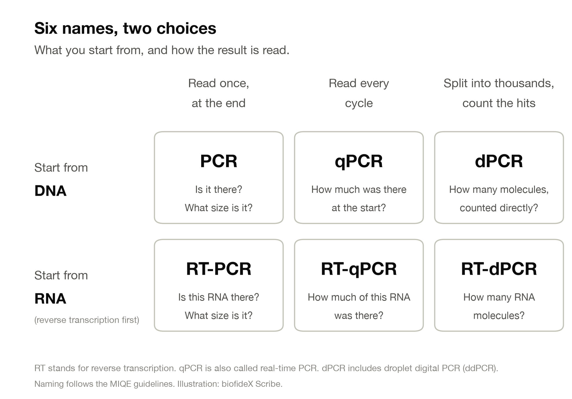 A grid of six boxes. Top row, starting from DNA: PCR, qPCR and dPCR. Bottom row, starting from RNA: RT-PCR, RT-qPCR and RT-dPCR. Columns show how the result is read: once at the end, every cycle, or by splitting into thousands of reactions and counting.